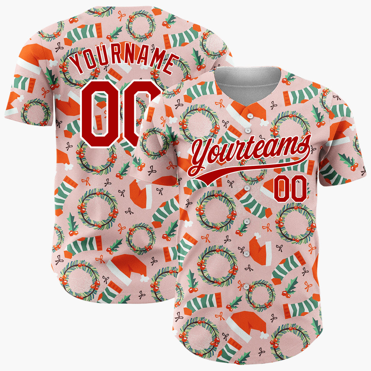 Custom Pink Christmas Hats Wreaths And Stockings Playful Pattern Christmas Baseball Jersey