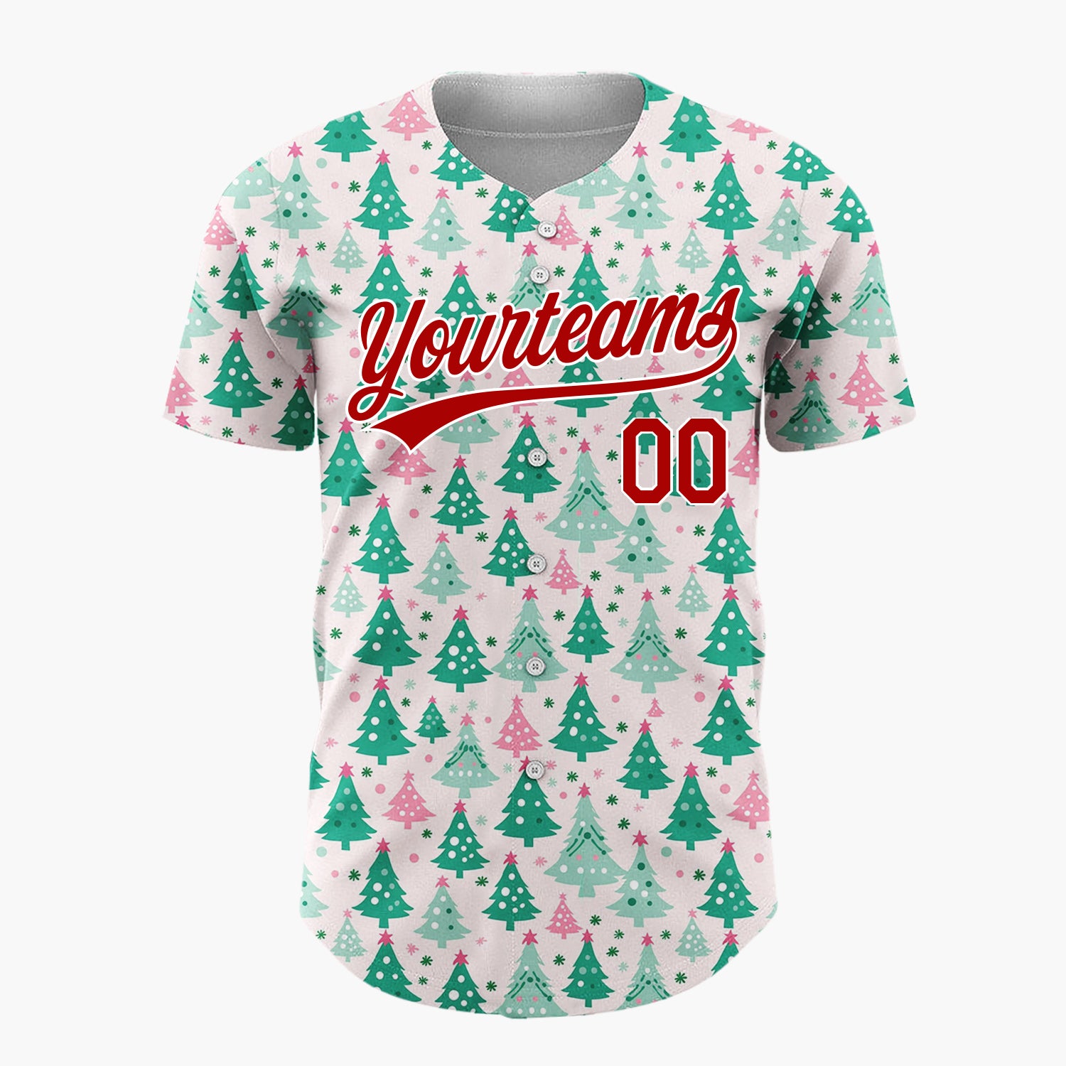 Custom Pink Decorated Evergreen Trees Whimsical Christmas Baseball Jersey