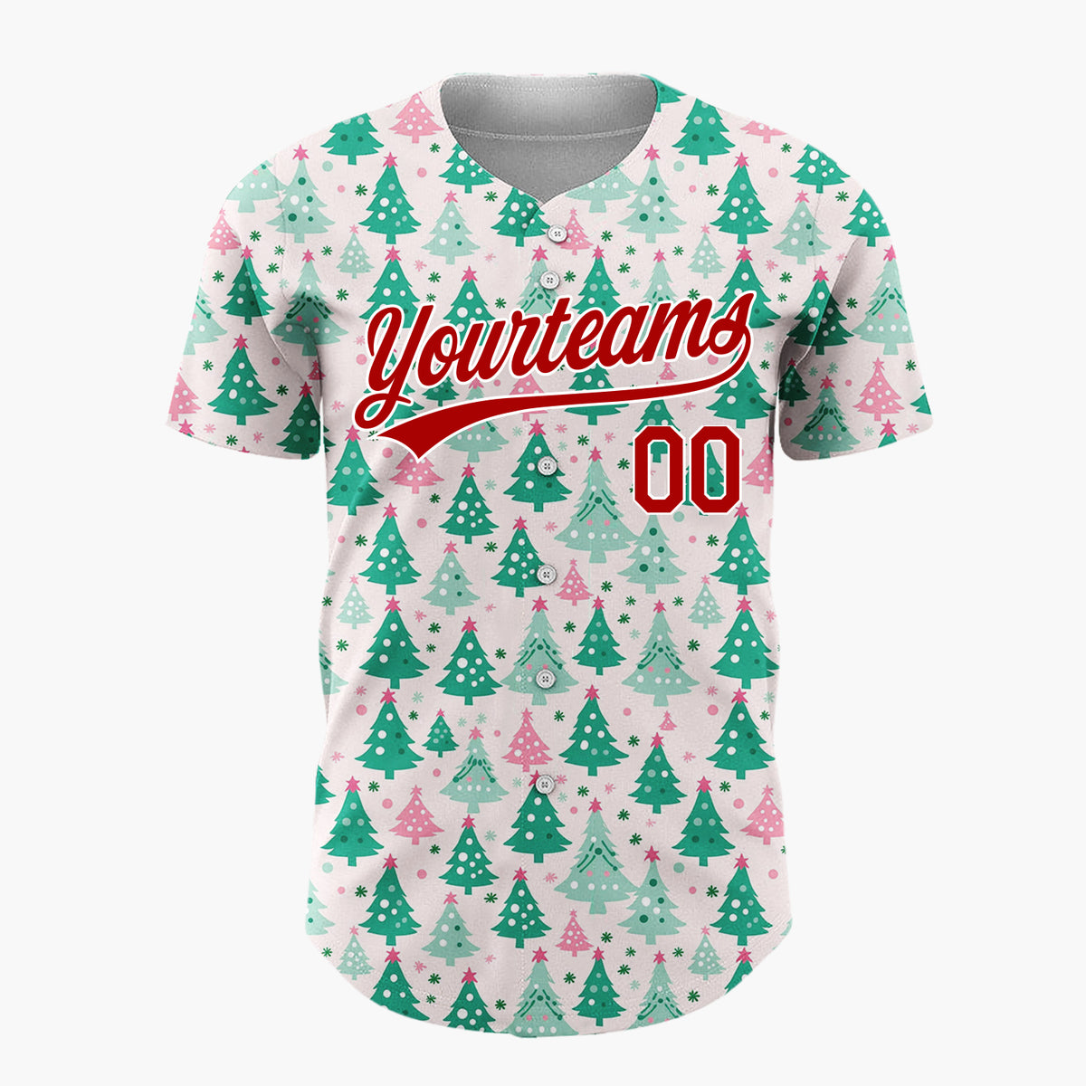 Custom Pink Decorated Evergreen Trees Whimsical Christmas Baseball Jersey