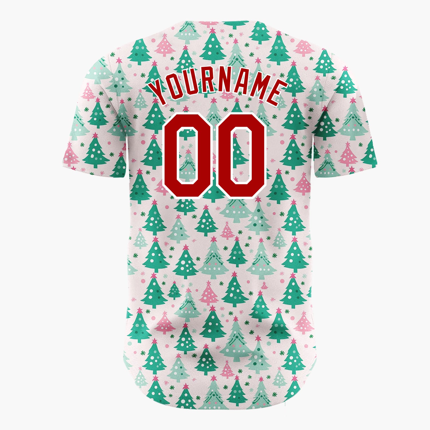 Custom Pink Decorated Evergreen Trees Whimsical Christmas Baseball Jersey