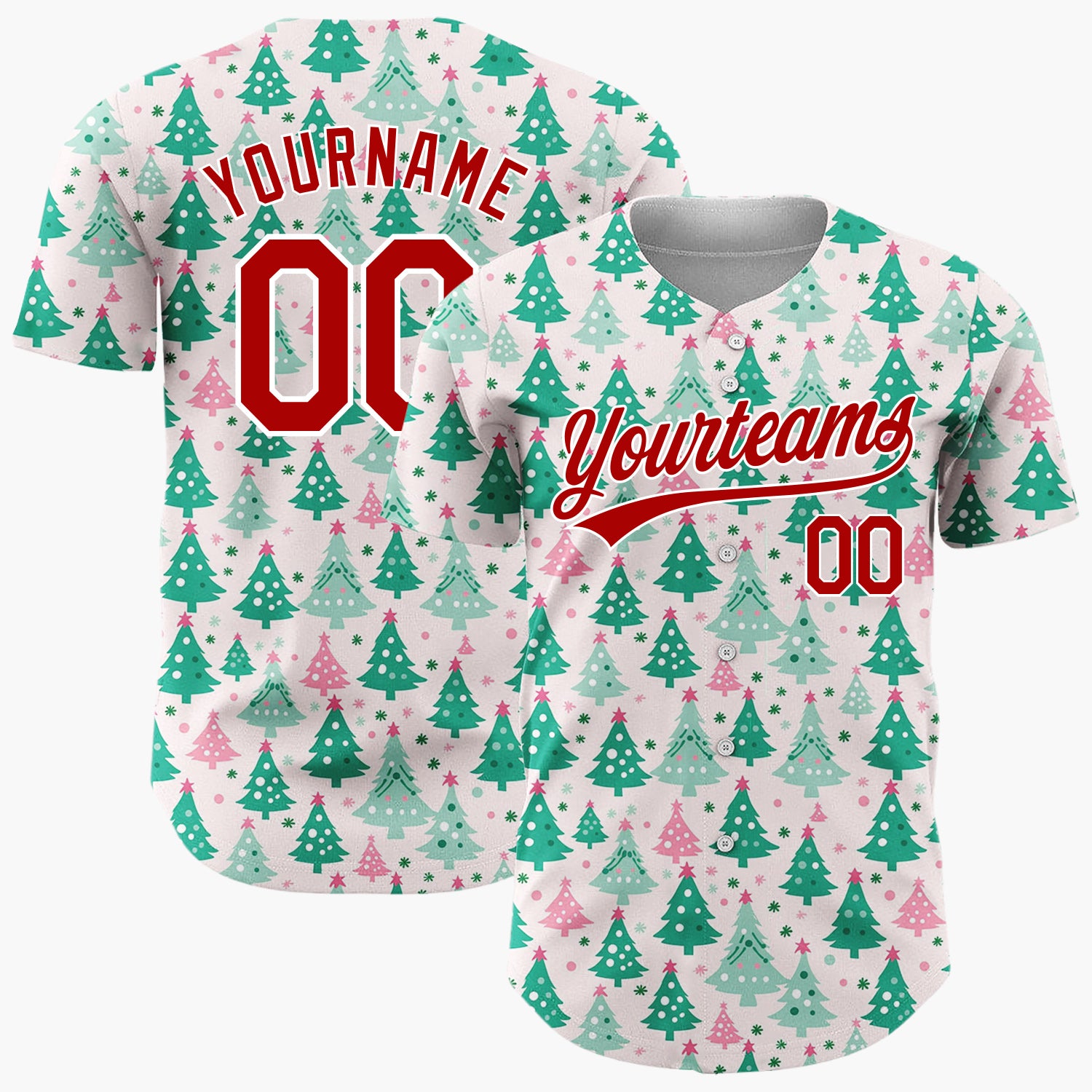 Custom Pink Decorated Evergreen Trees Whimsical Christmas Baseball Jersey