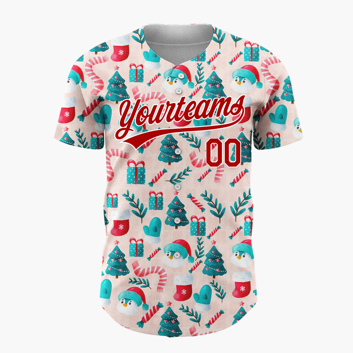 Custom Pink Red Blue Cute Festive Characters Christmas Baseball Jersey