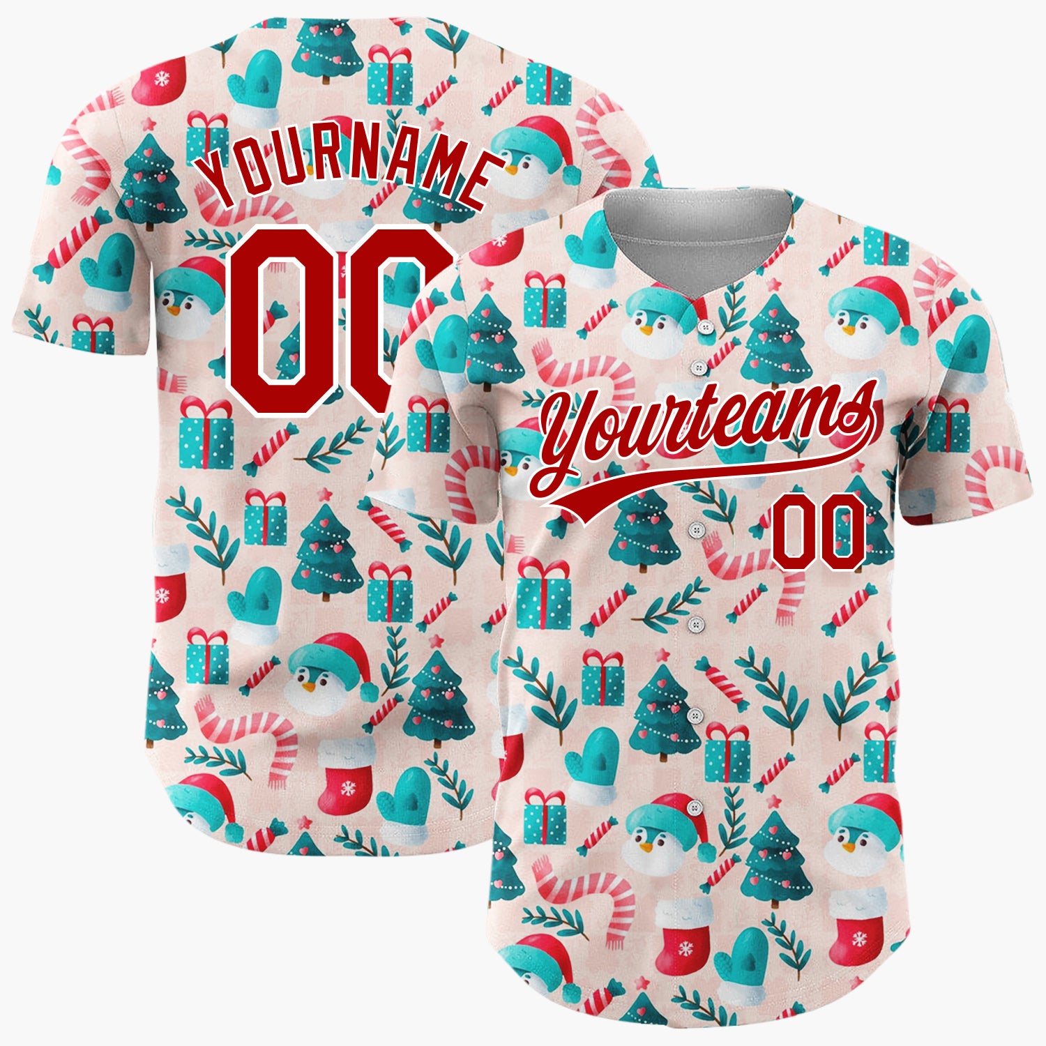 Custom Pink Red Blue Cute Festive Characters Christmas Baseball Jersey