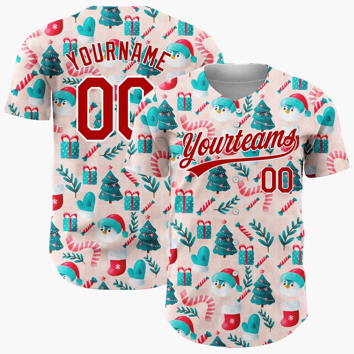Custom Pink Red Blue Cute Festive Characters Christmas Baseball Jersey