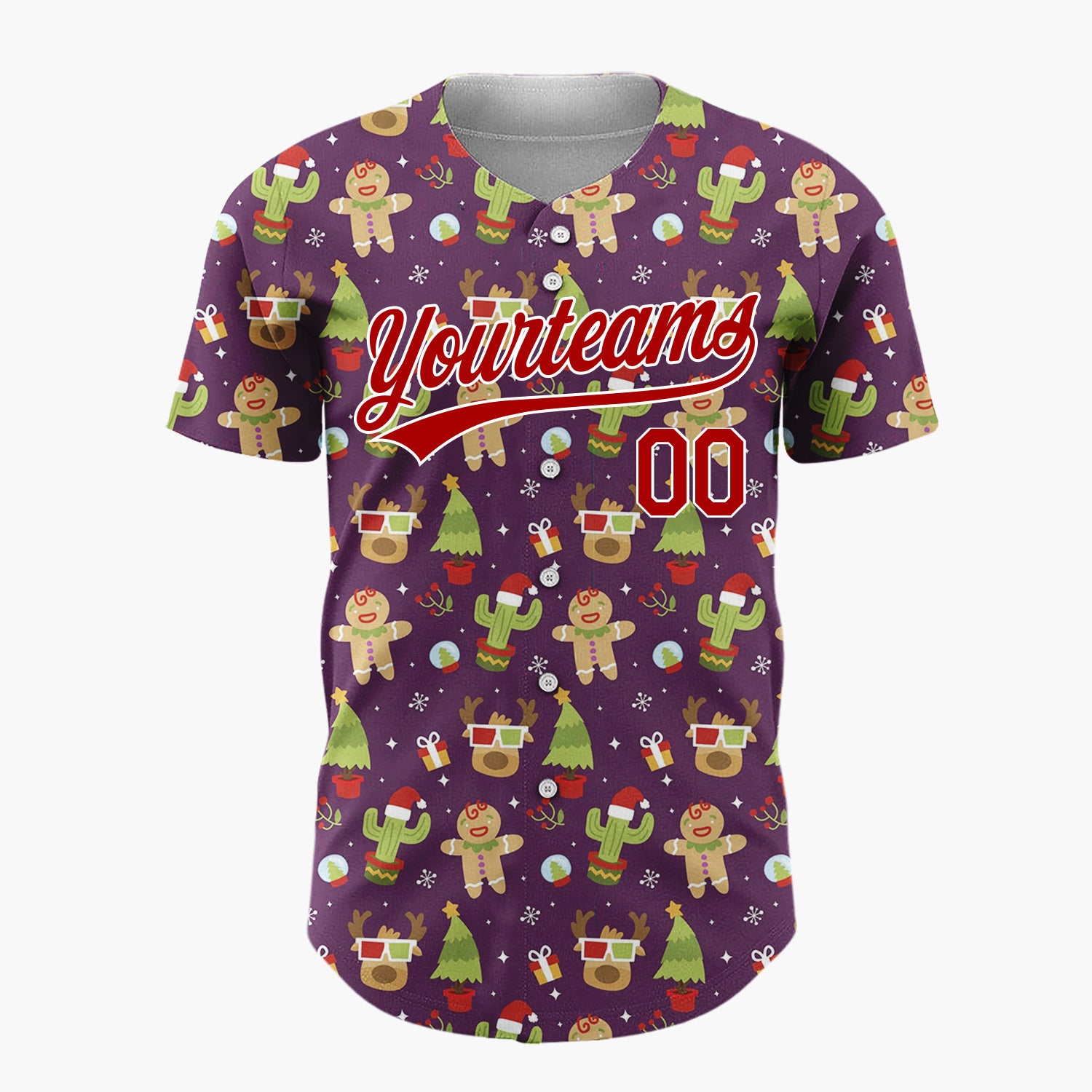 Custom Purple Green Gingerbread Man Cactus Christmas Baseball Jersey