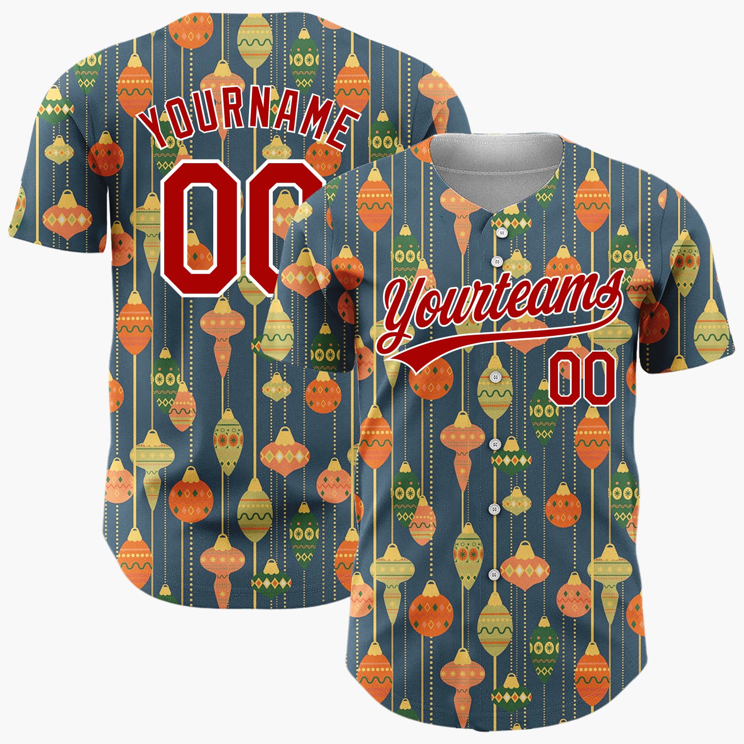 Custom Navy Orange Retro Hanging Ornaments Elegant Mid Century Pattern Christmas Baseball Jersey