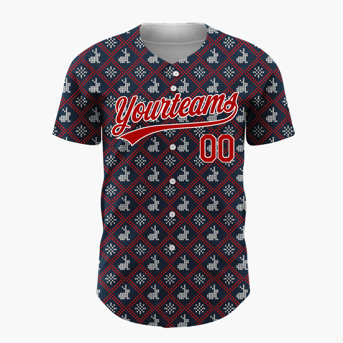 Custom Navy Red And White Reindeer Sweater Knit Pattern Christmas Baseball Jersey