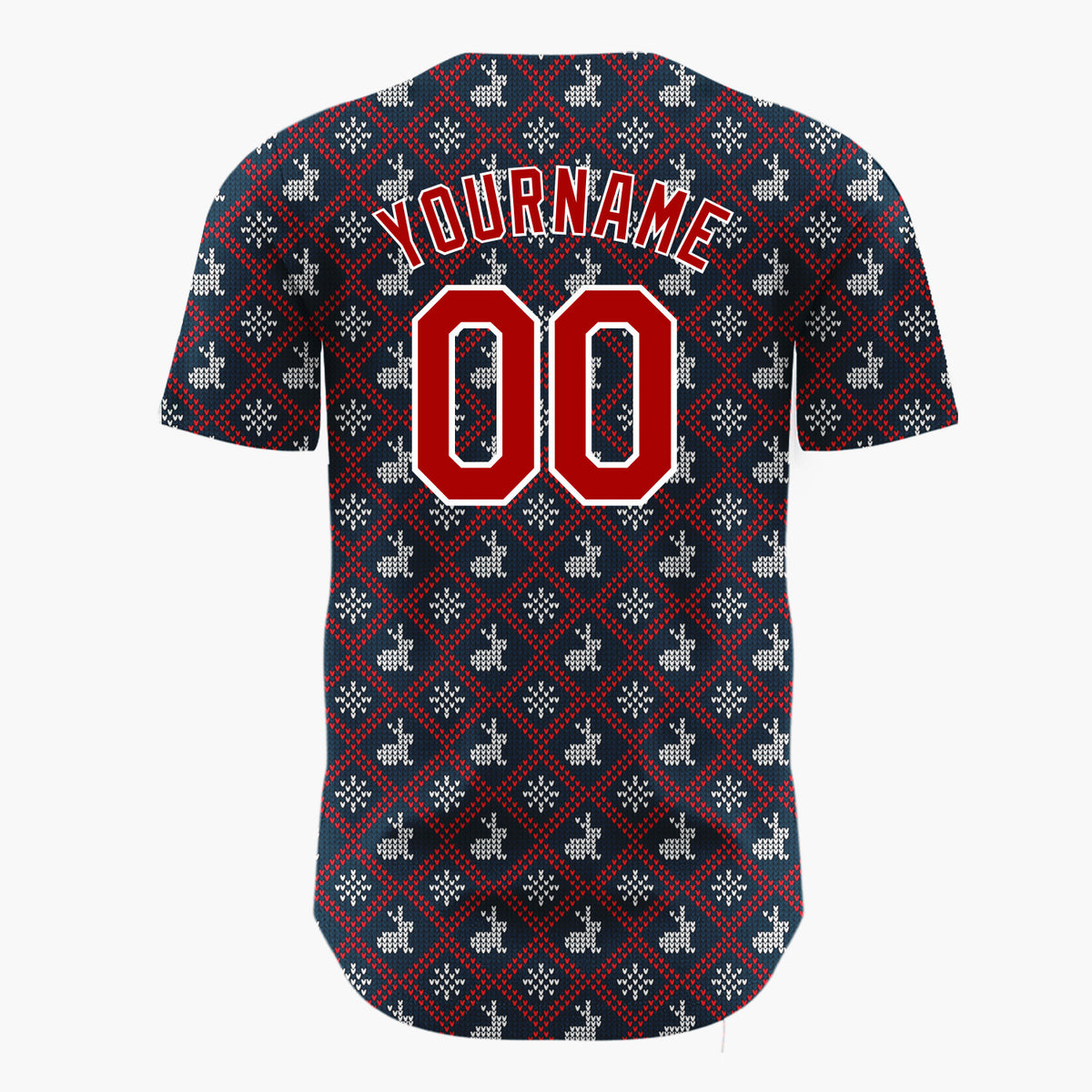 Custom Navy Red And White Reindeer Sweater Knit Pattern Christmas Baseball Jersey