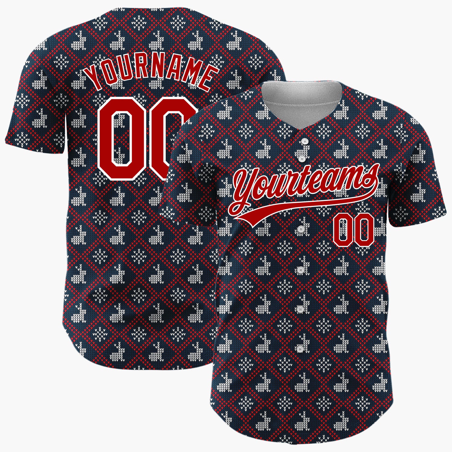 Custom Navy Red And White Reindeer Sweater Knit Pattern Christmas Baseball Jersey