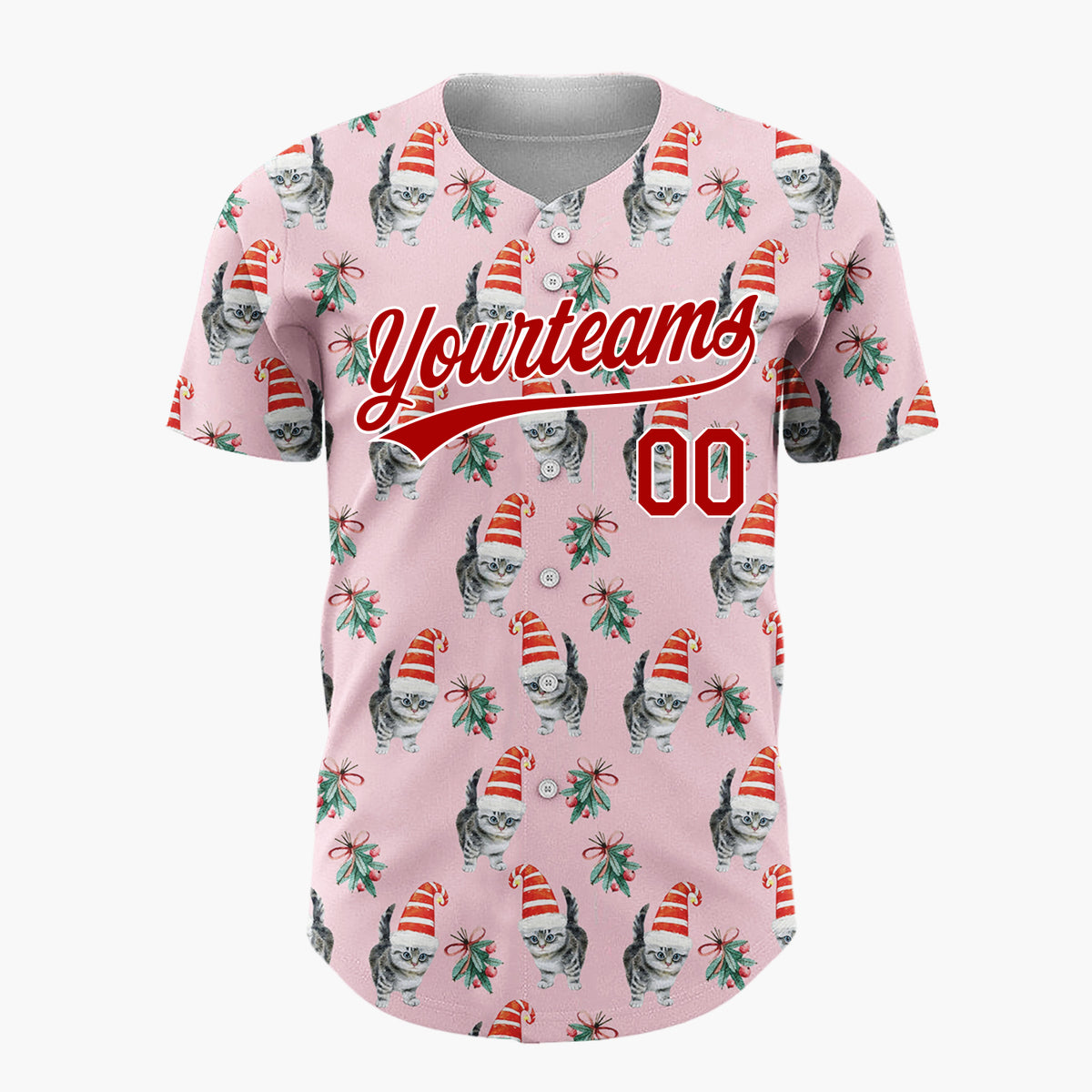 Custom Pink Kitten In Santa Hat Watercolor Christmas Baseball Jersey