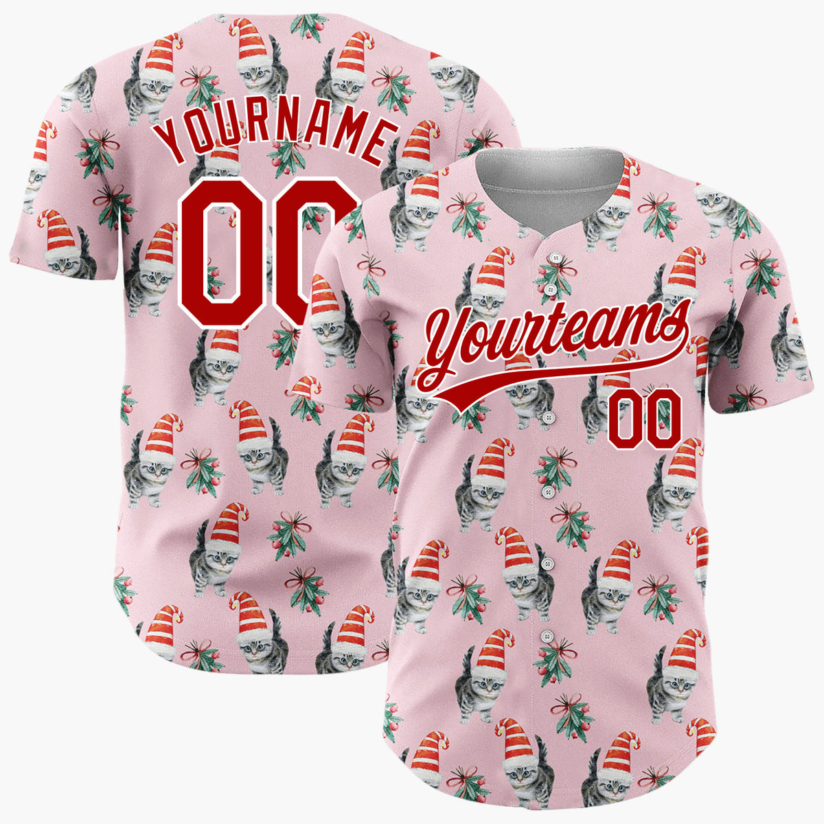 Custom Pink Kitten In Santa Hat Watercolor Christmas Baseball Jersey
