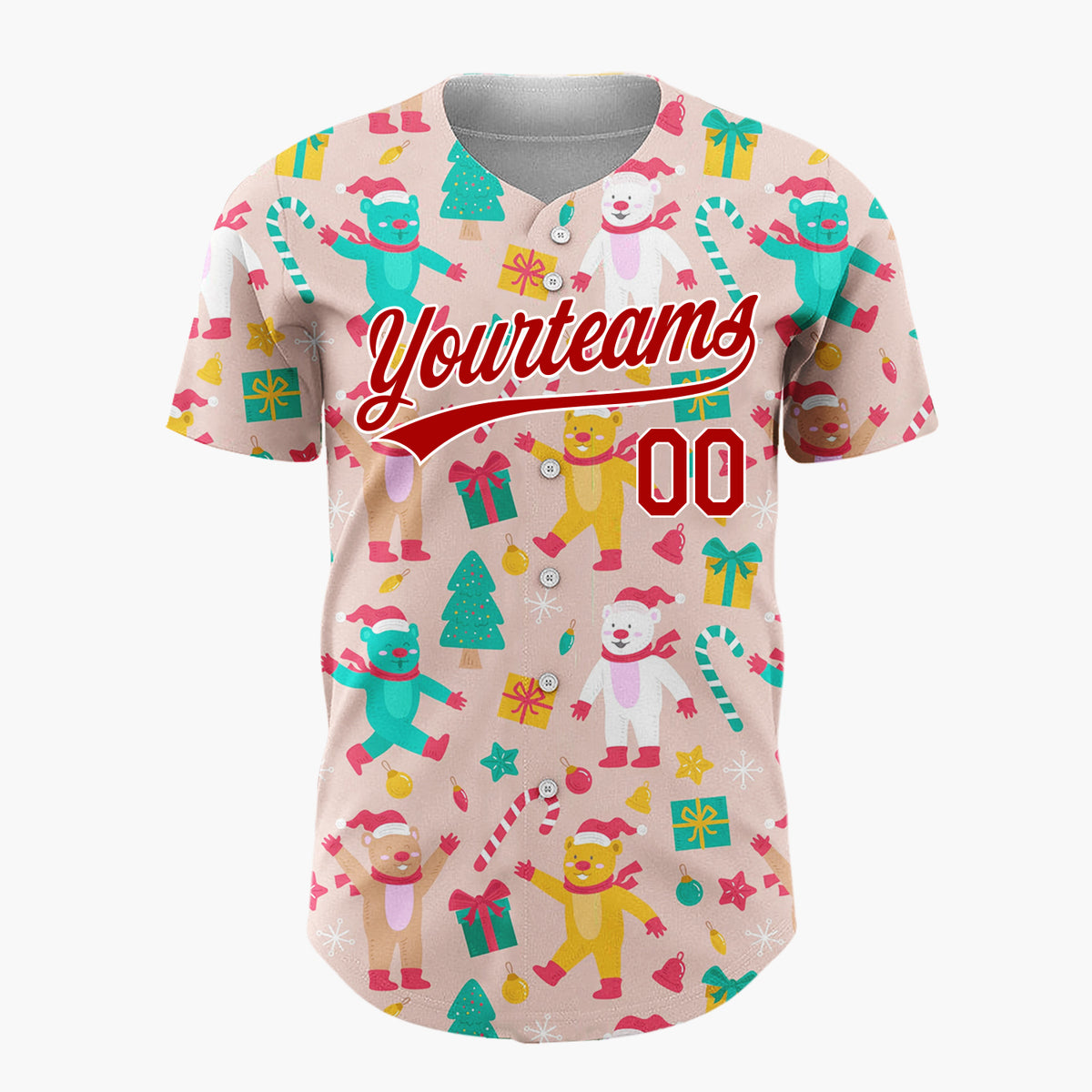 Custom Pink Red Teal Bears Trees And Gifts Cute Holiday Pattern Christmas Baseball Jersey
