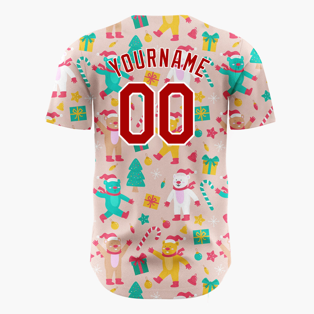 Custom Pink Red Teal Bears Trees And Gifts Cute Holiday Pattern Christmas Baseball Jersey