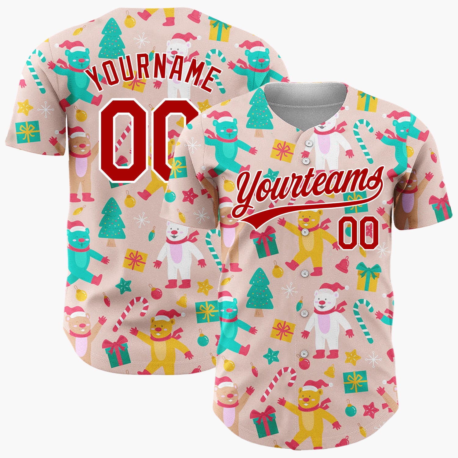 Custom Pink Red Teal Bears Trees And Gifts Cute Holiday Pattern Christmas Baseball Jersey