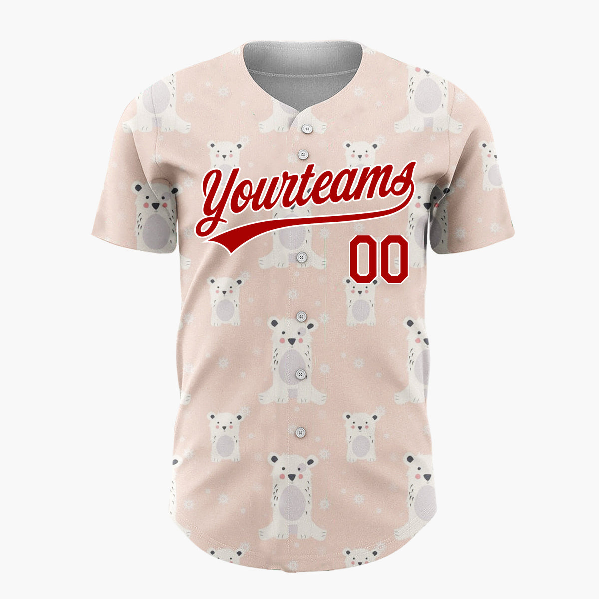 Custom Peach White Polar Bears With Snowflakes Cute Winter Pattern Christmas Baseball Jersey