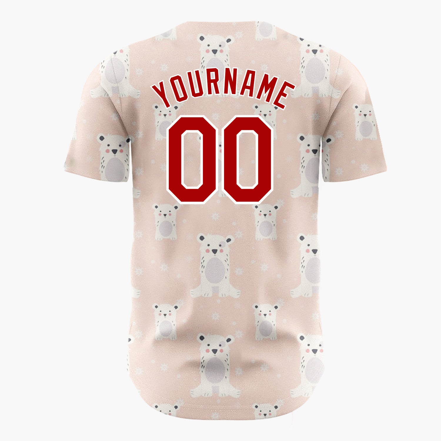 Custom Peach White Polar Bears With Snowflakes Cute Winter Pattern Christmas Baseball Jersey