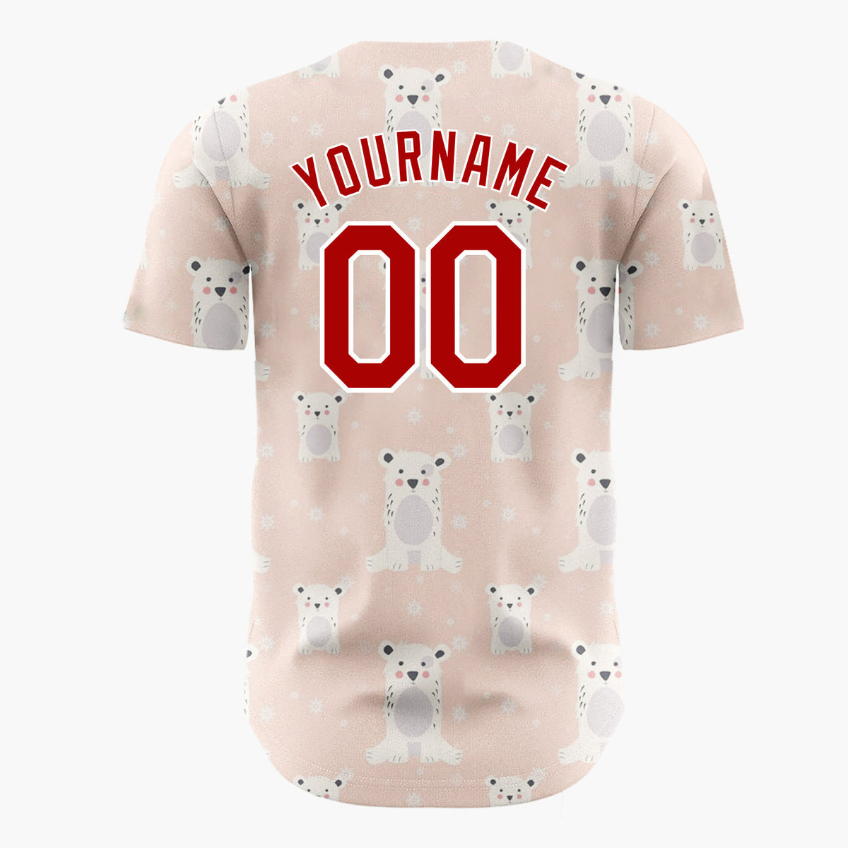 Custom Peach White Polar Bears With Snowflakes Cute Winter Pattern Christmas Baseball Jersey