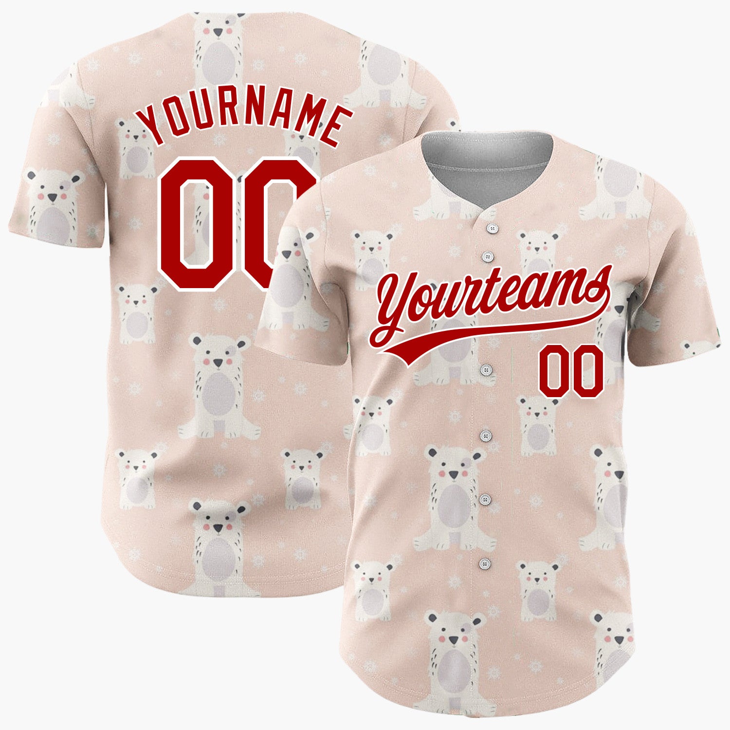 Custom Peach White Polar Bears With Snowflakes Cute Winter Pattern Christmas Baseball Jersey