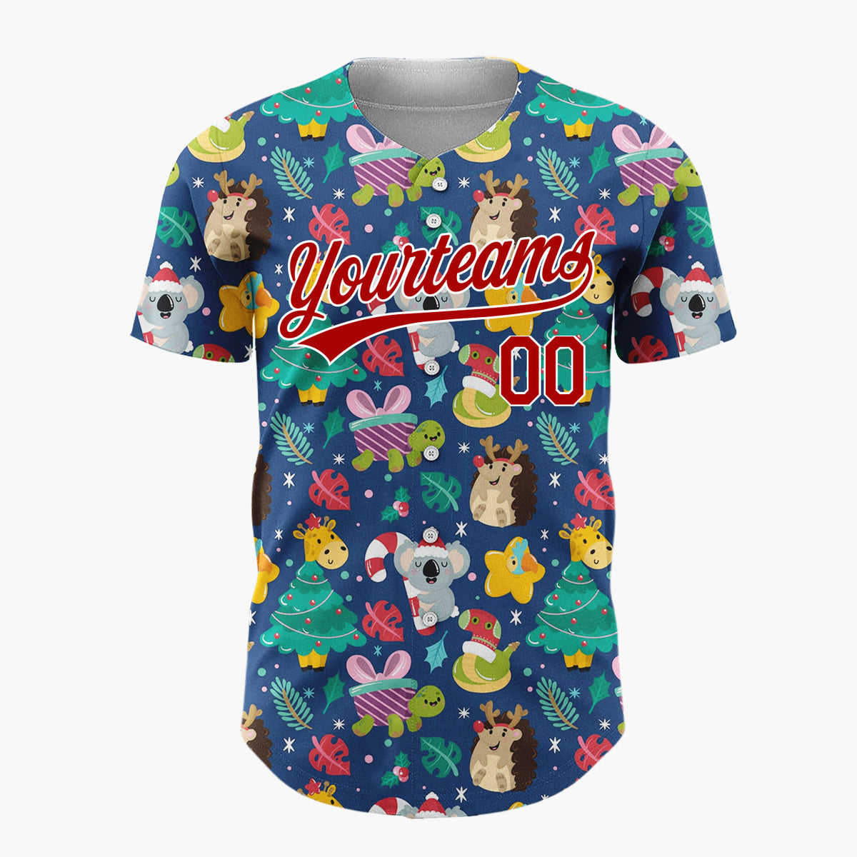 Custom Navy Green Yellow Koalas Giraffes And Christmas Trees Cute Holiday Pattern Christmas Baseball Jersey