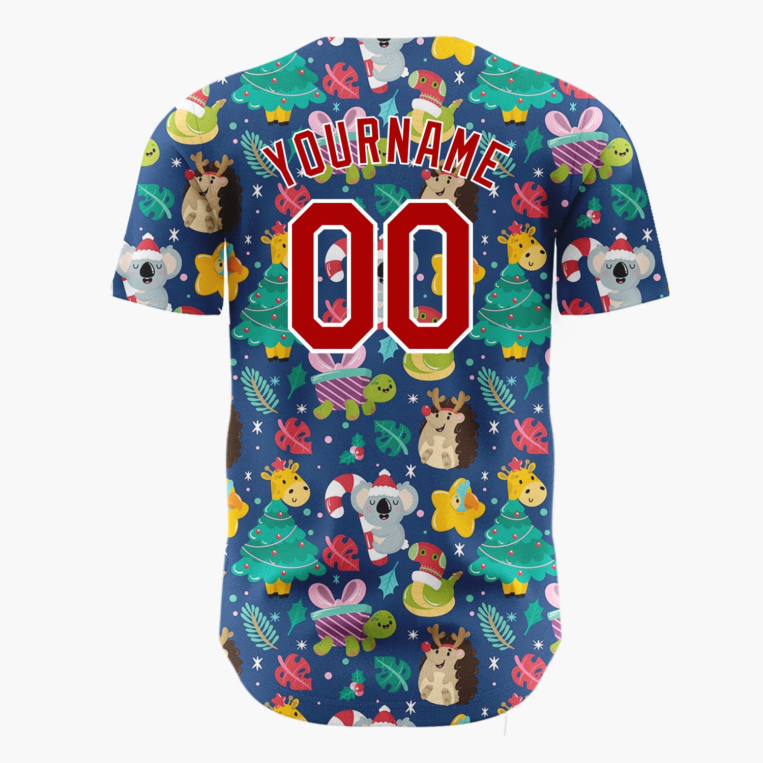 Custom Navy Green Yellow Koalas Giraffes And Christmas Trees Cute Holiday Pattern Christmas Baseball Jersey