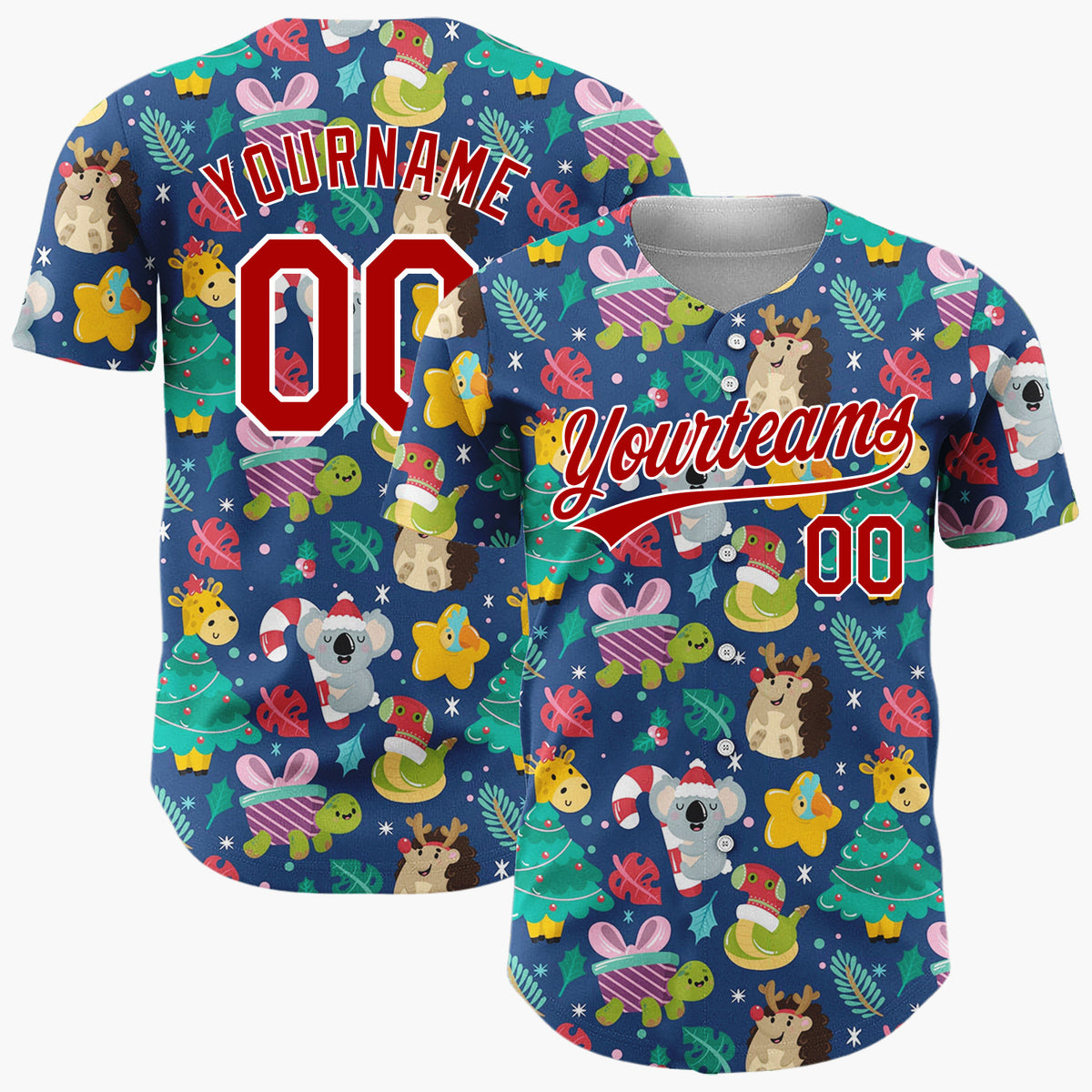 Custom Navy Green Yellow Koalas Giraffes And Christmas Trees Cute Holiday Pattern Christmas Baseball Jersey