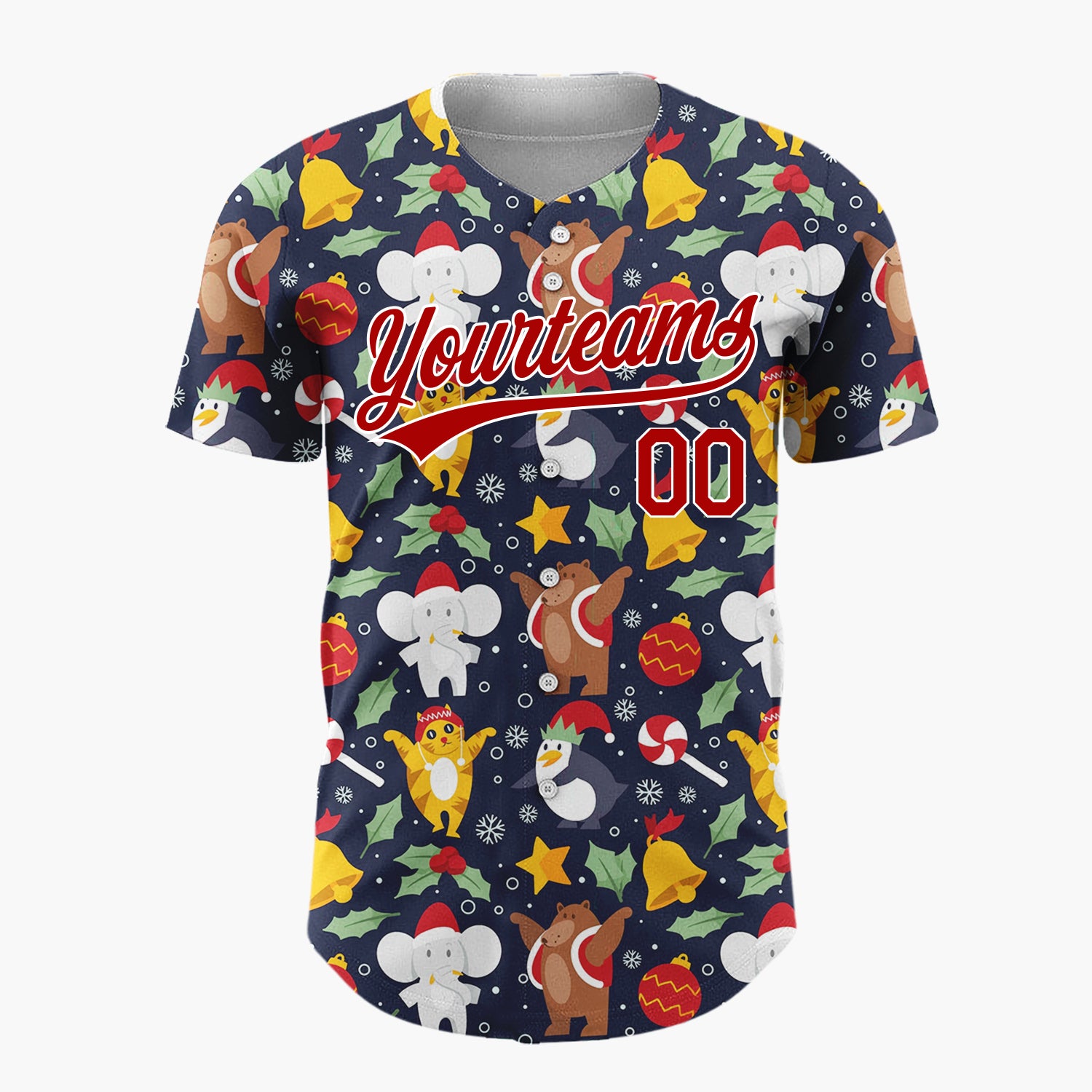 Custom Navy Yellow Bears Elephants And Penguins Festive Holiday Pattern Christmas Baseball Jersey
