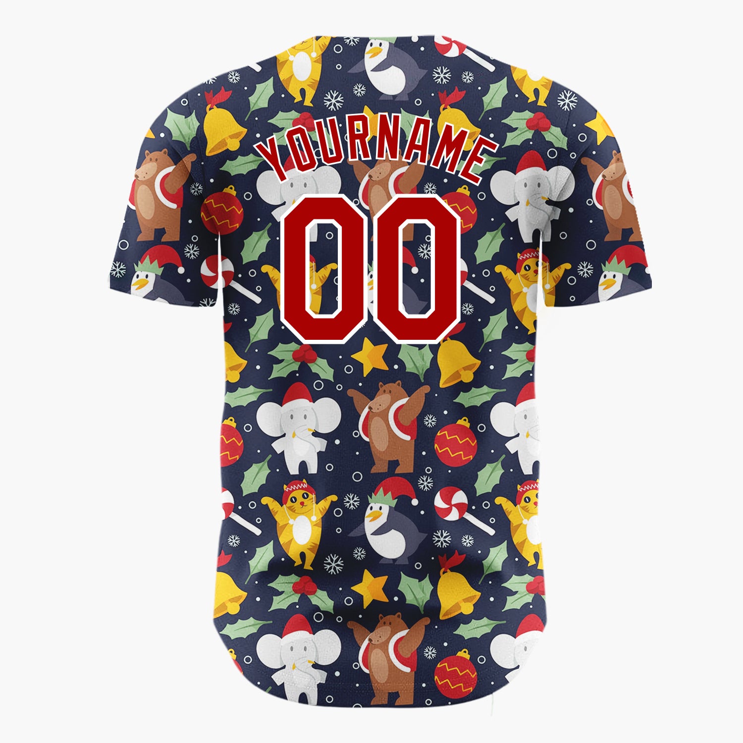 Custom Navy Yellow Bears Elephants And Penguins Festive Holiday Pattern Christmas Baseball Jersey
