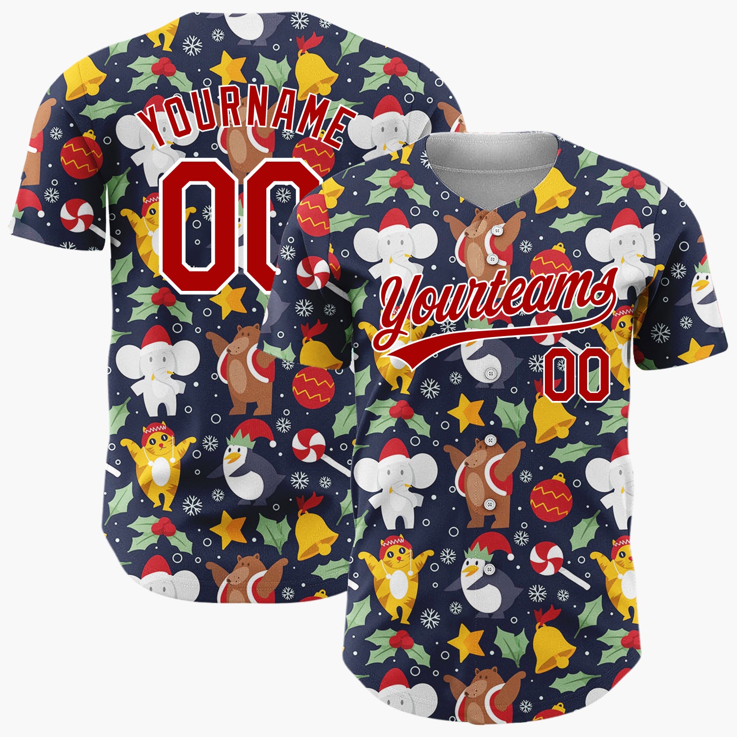 Custom Navy Yellow Bears Elephants And Penguins Festive Holiday Pattern Christmas Baseball Jersey