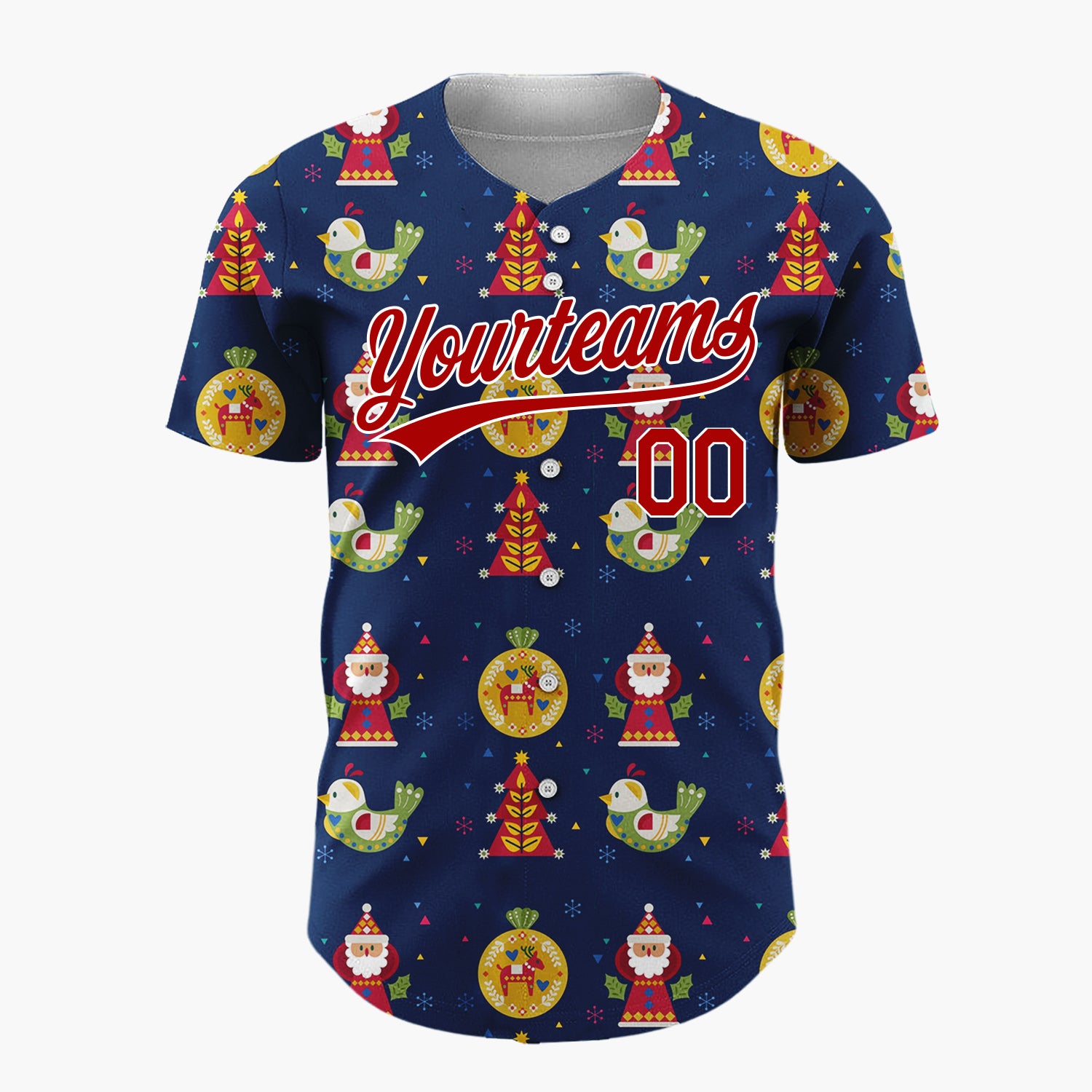 Custom Navy Multicolor Folk Art Santa Bird Abstract Pattern Christmas Baseball Jersey