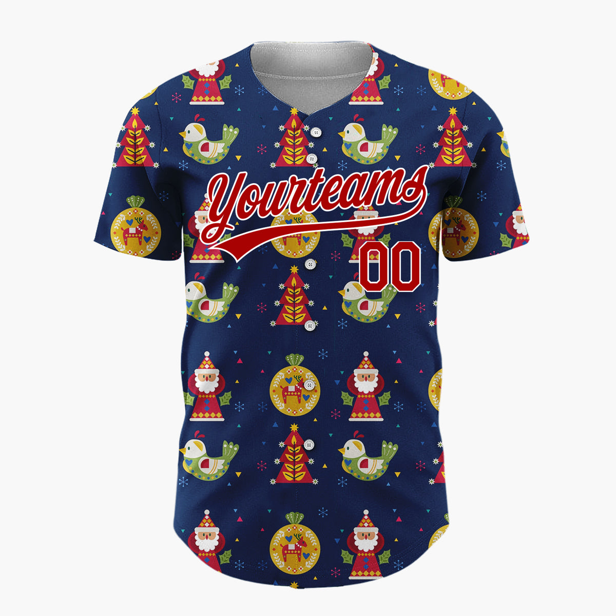 Custom Navy Multicolor Folk Art Santa Bird Abstract Pattern Christmas Baseball Jersey