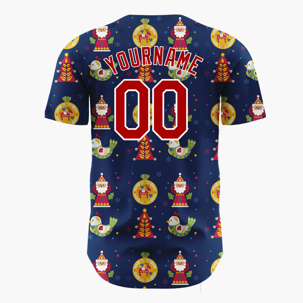 Custom Navy Multicolor Folk Art Santa Bird Abstract Pattern Christmas Baseball Jersey
