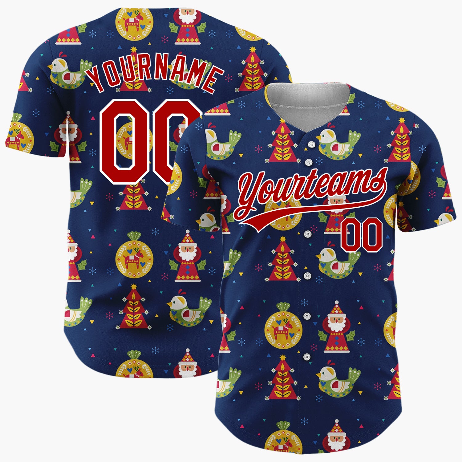 Custom Navy Multicolor Folk Art Santa Bird Abstract Pattern Christmas Baseball Jersey