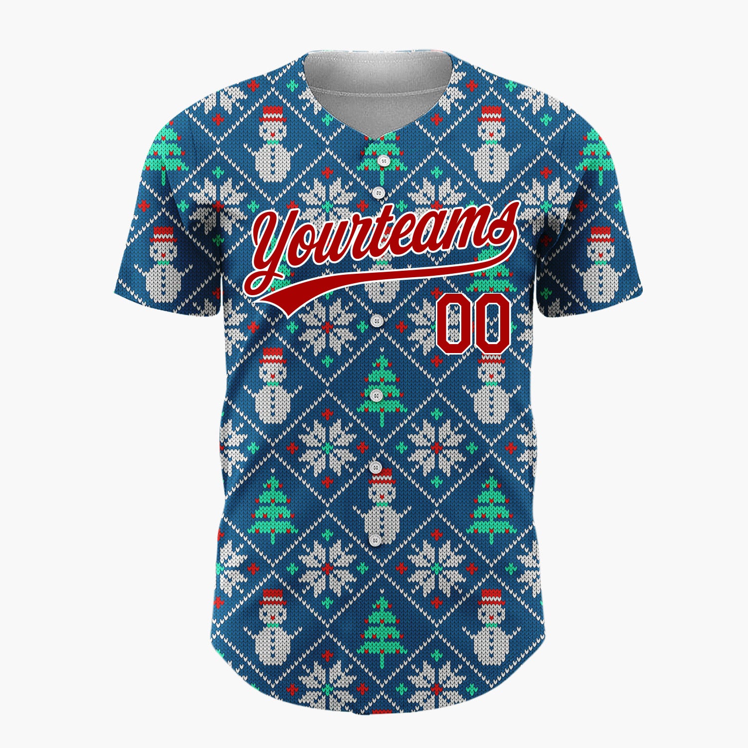 Custom Navy Green Snowmen Trees And Snowflakes Cozy Knitted Pattern Christmas Baseball Jersey