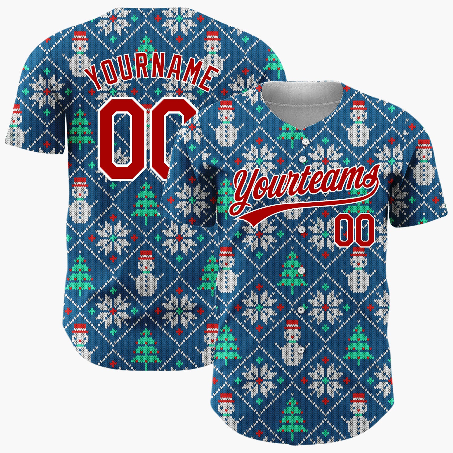 Custom Navy Green Snowmen Trees And Snowflakes Cozy Knitted Pattern Christmas Baseball Jersey