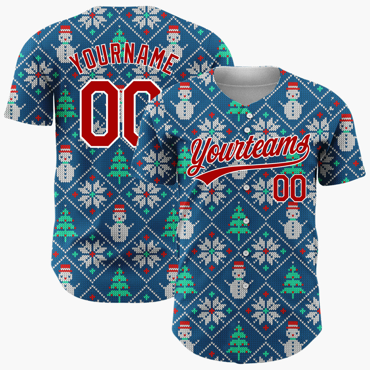 Custom Navy Green Snowmen Trees And Snowflakes Cozy Knitted Pattern Christmas Baseball Jersey