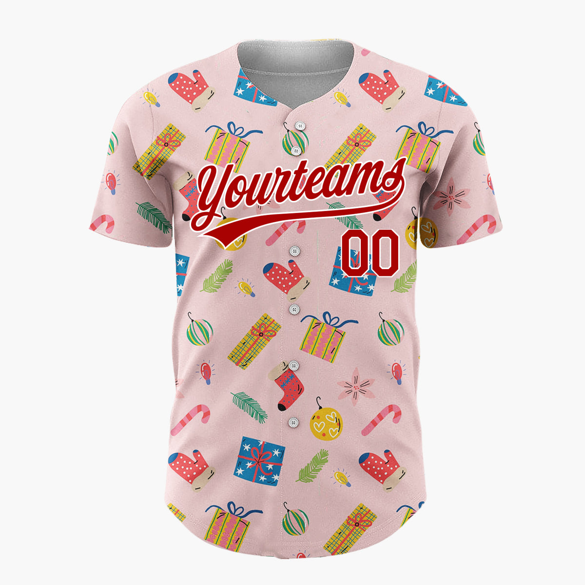 Custom Pink Blue Presents Ornaments And Mittens Christmas Doodle Pattern Christmas Baseball Jersey