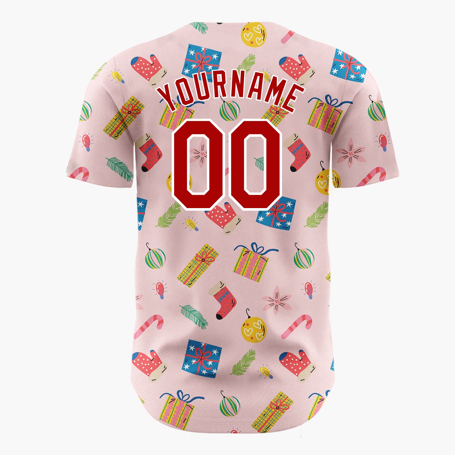 Custom Pink Blue Presents Ornaments And Mittens Christmas Doodle Pattern Christmas Baseball Jersey