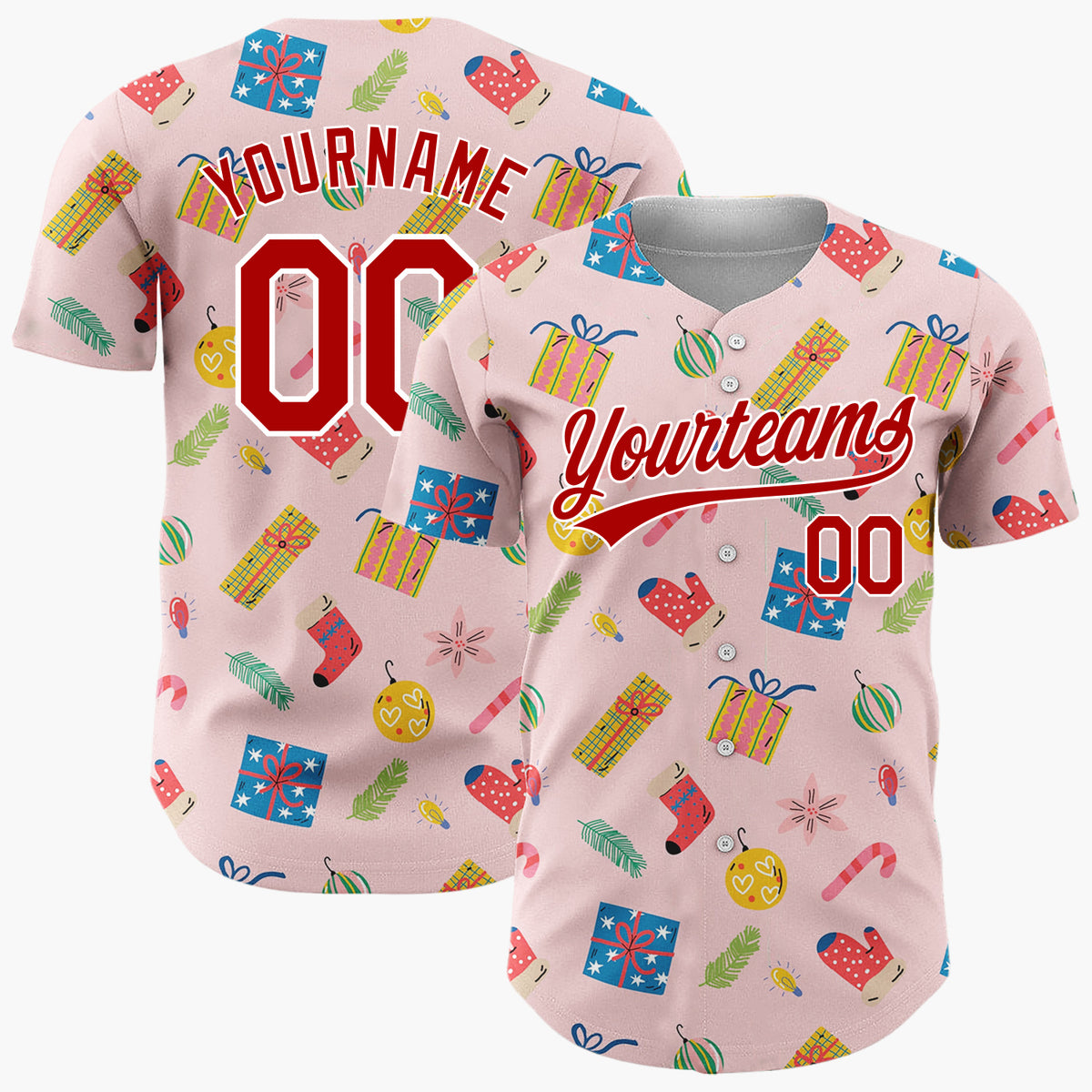 Custom Pink Blue Presents Ornaments And Mittens Christmas Doodle Pattern Christmas Baseball Jersey