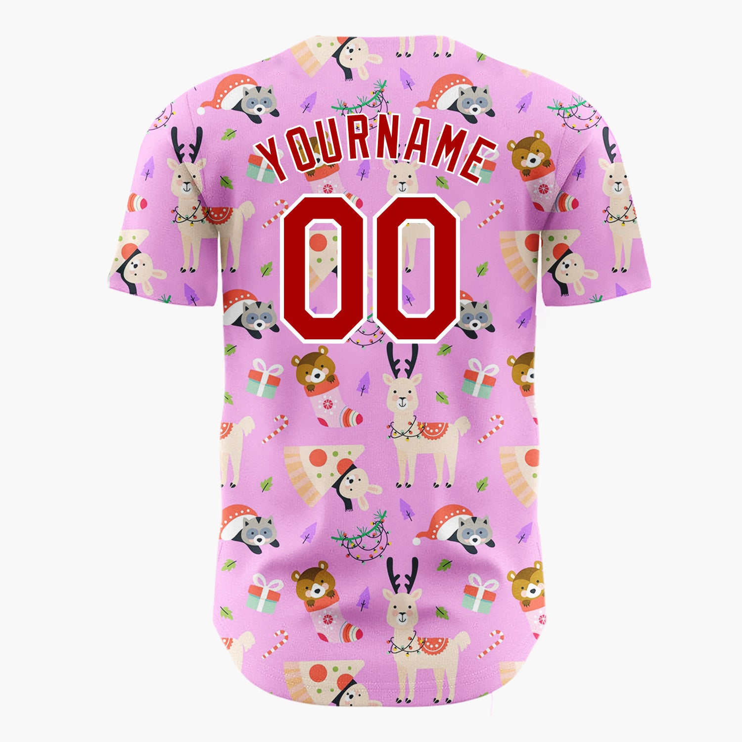Custom Pink Red Bears Deers And Gifts Playful Holiday Pattern Christmas Baseball Jersey