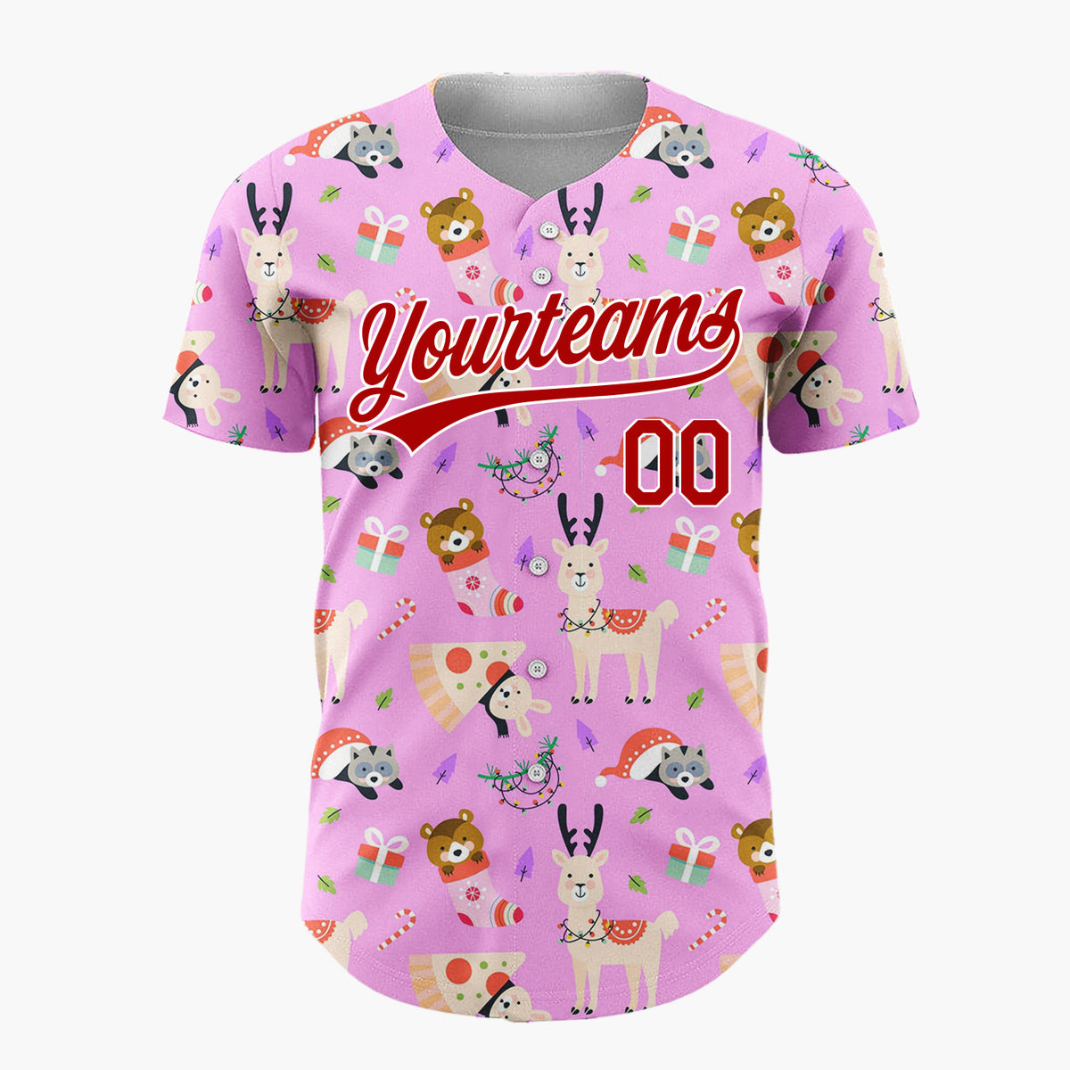 Custom Pink Multicolor Llama Raccoon Pizza Christmas Baseball Jersey