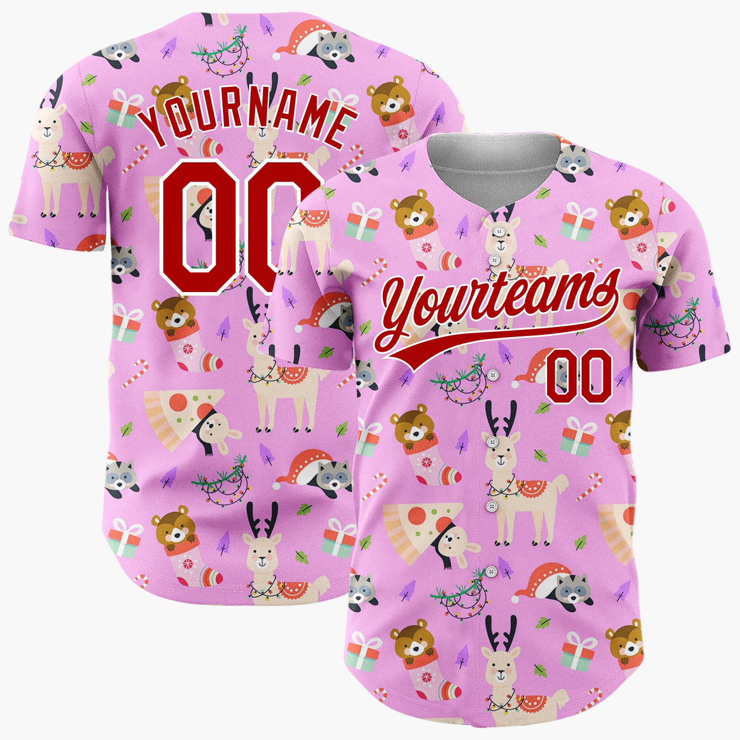 Custom Pink Multicolor Llama Raccoon Pizza Christmas Baseball Jersey