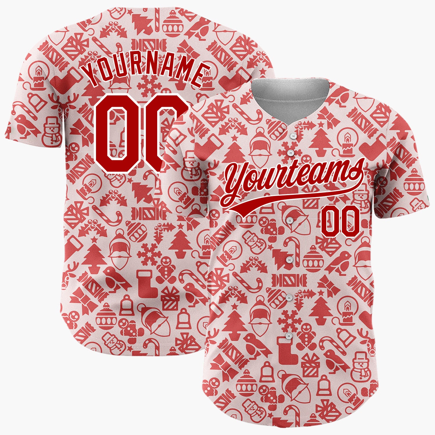 Custom Pink Red Silhouette Christmas Icons Simple Festive Pattern Christmas Baseball Jersey