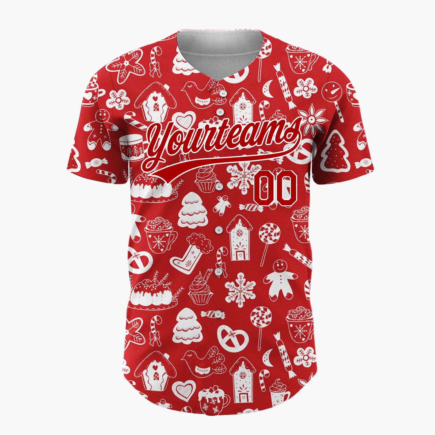 Custom Red White Holiday Treats Icons Doodle Pattern Christmas Baseball Jersey