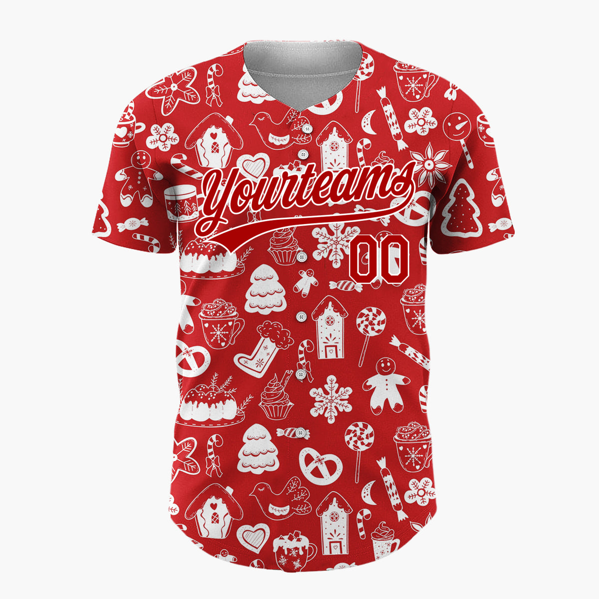 Custom Red White Holiday Treats Icons Doodle Pattern Christmas Baseball Jersey