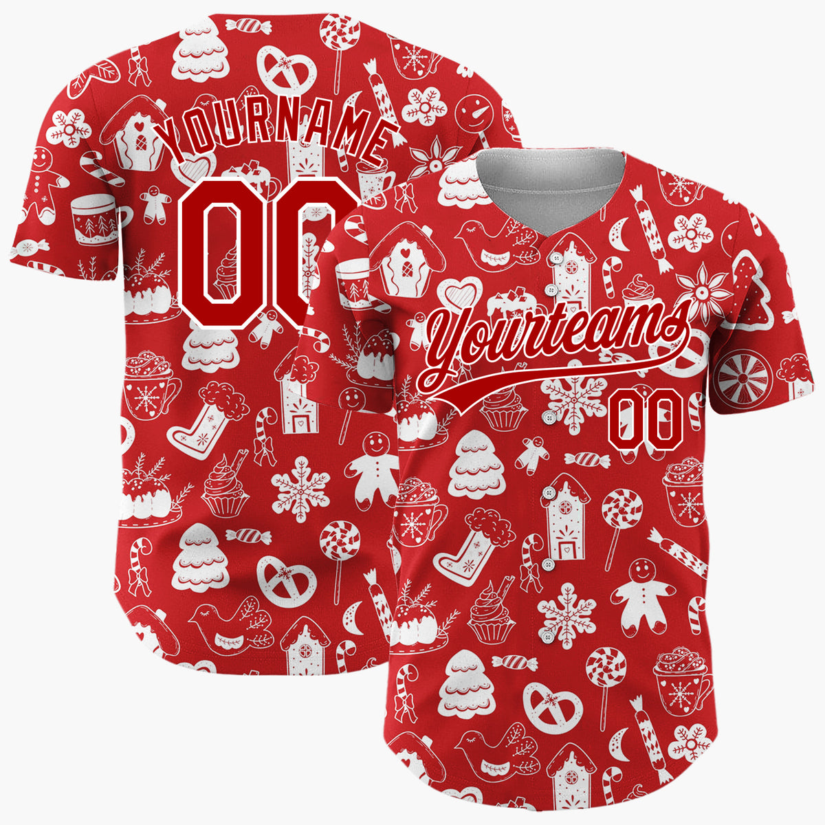 Custom Red White Holiday Treats Icons Doodle Pattern Christmas Baseball Jersey