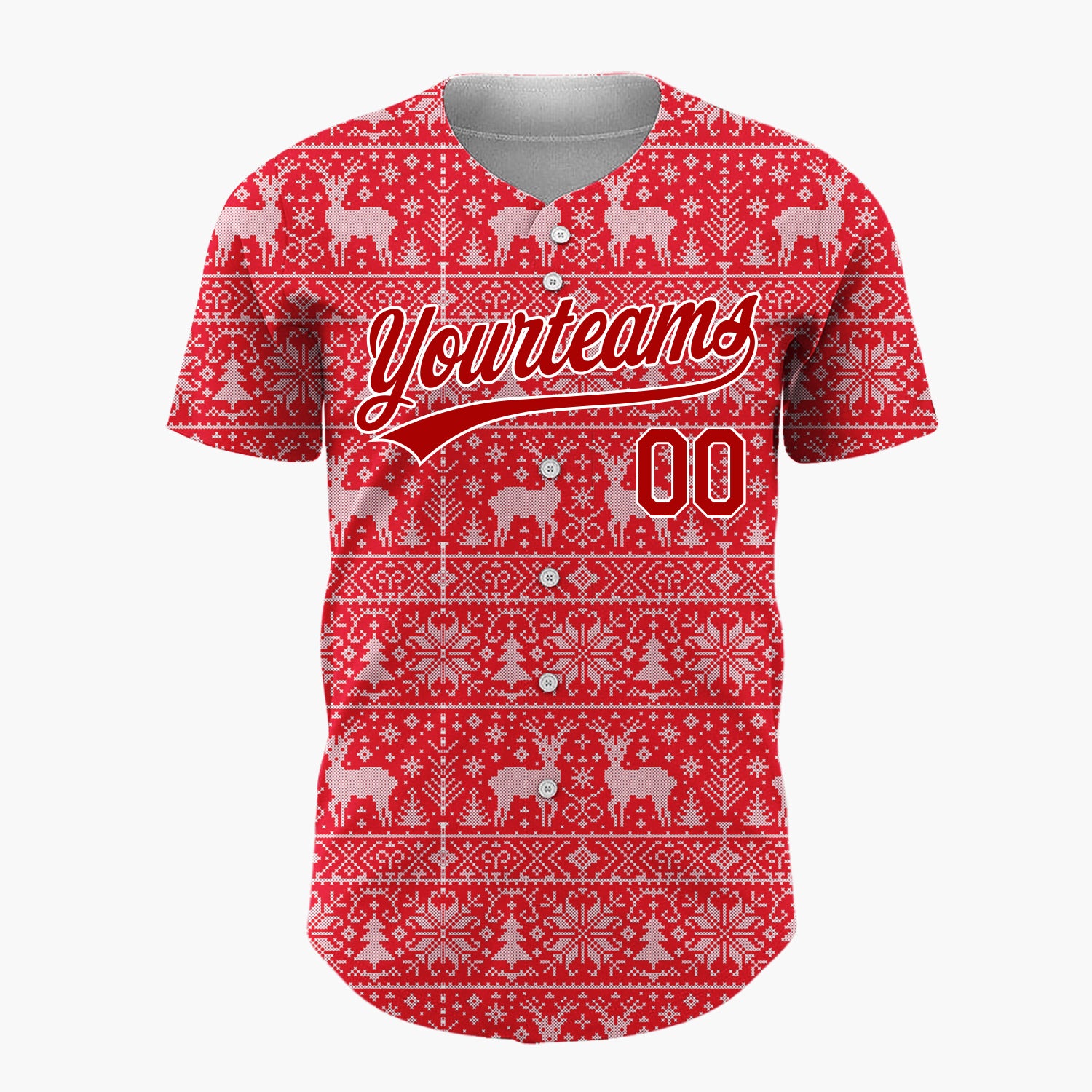 Custom Red White Reindeer Snowflake Bands Fair Isle Knitted Pattern Christmas Baseball Jersey