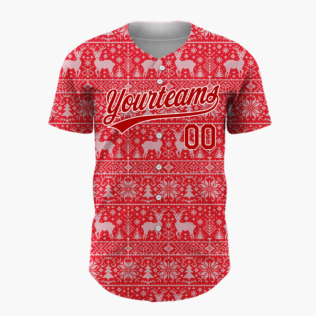 Custom Red White Reindeer Snowflake Bands Fair Isle Knitted Pattern Christmas Baseball Jersey