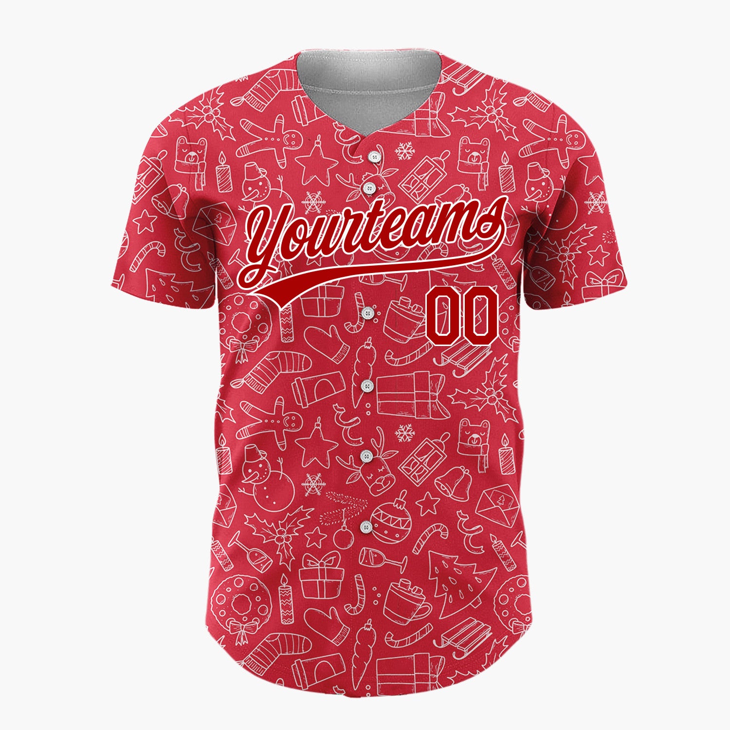 Custom Red Doodled Christmas Icon Line Art Pattern Christmas Baseball Jersey