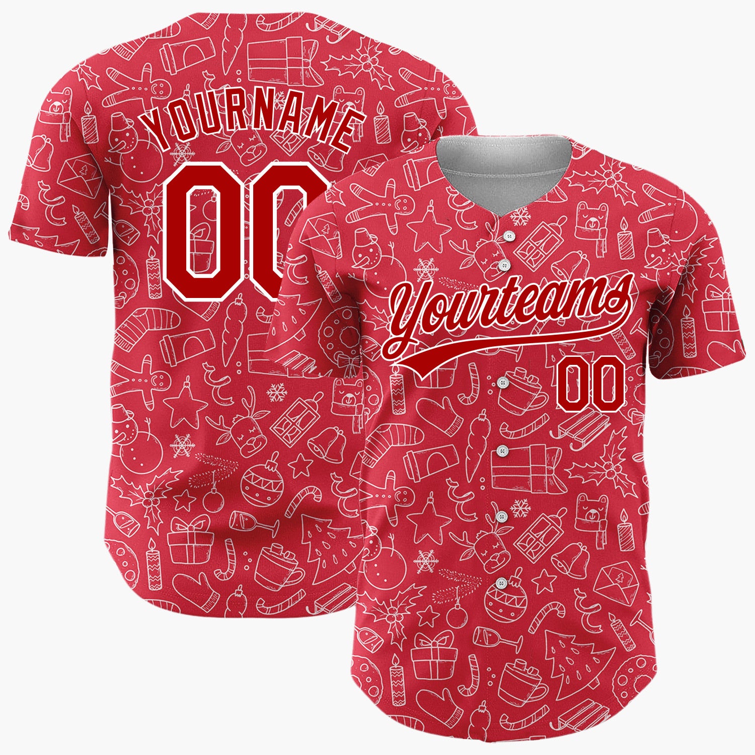 Custom Red Doodled Christmas Icon Line Art Pattern Christmas Baseball Jersey