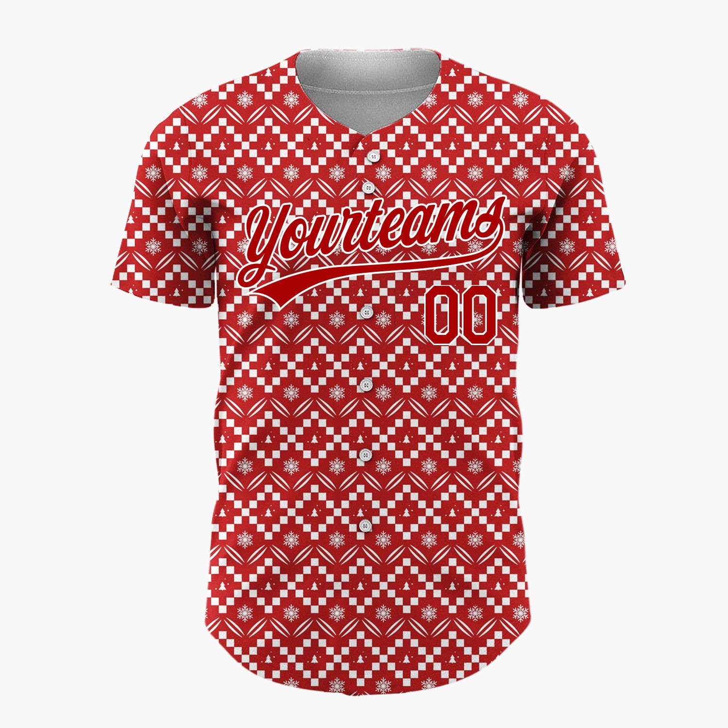 Custom Red Christmas Trees Geometric Nordic Fair Isle Christmas Baseball Jersey